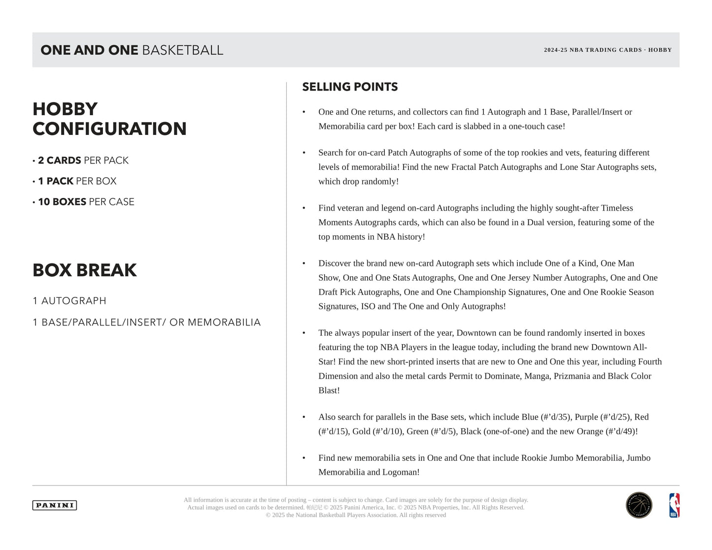 2024/25 Panini One and One Basketball NBA Hobby Box