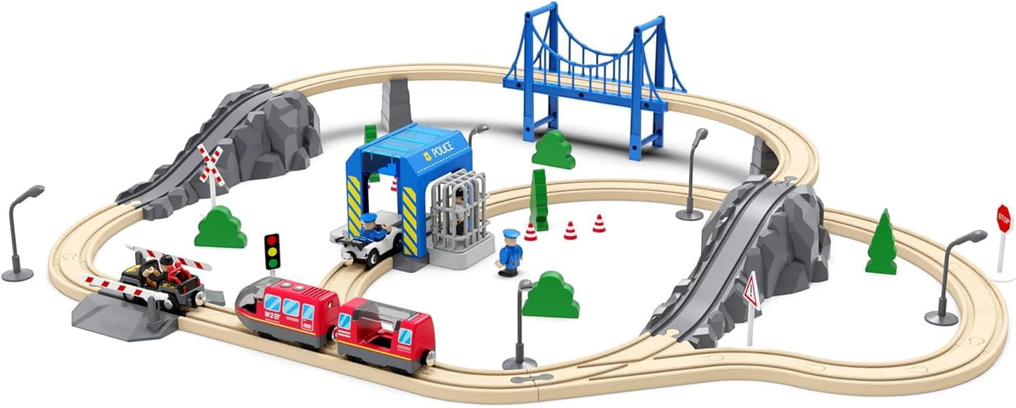 HYPERLIVING Accessories for Wooden Railway Tracks, Police Station, Compatible with All Railway Tracks, Expansion Pack for Children Aged 3 Years and Over