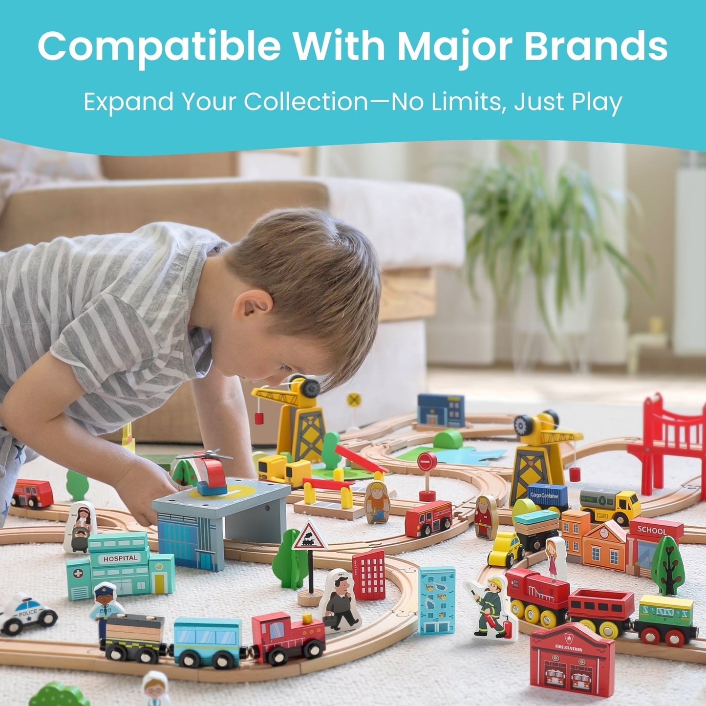 HELLOTINY Wooden Train Set for Toddlers, 36 Pcs with Wooden Tracks, Compatible with Major Brands, Train Toy for Kids Ages 3-5