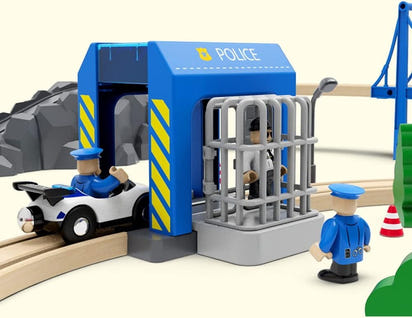 HYPERLIVING Accessories for Wooden Railway Tracks, Police Station, Compatible with All Railway Tracks, Expansion Pack for Children Aged 3 Years and Over