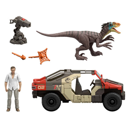 Jurassic World Rebirth Launch ‘N Battle Vehicle with 1 Human & 1 Raptor Figure, Turret & Projectiles