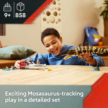 LEGO Jurassic World Brick-Built Mosasaurus Boat Mission Dinosaur Toy - Building Toy for Boys & Girls, Ages 9+ - Poseable Dinosaur plus LeClerc and Atwater Minifigures - Gift for Christmas - 76974