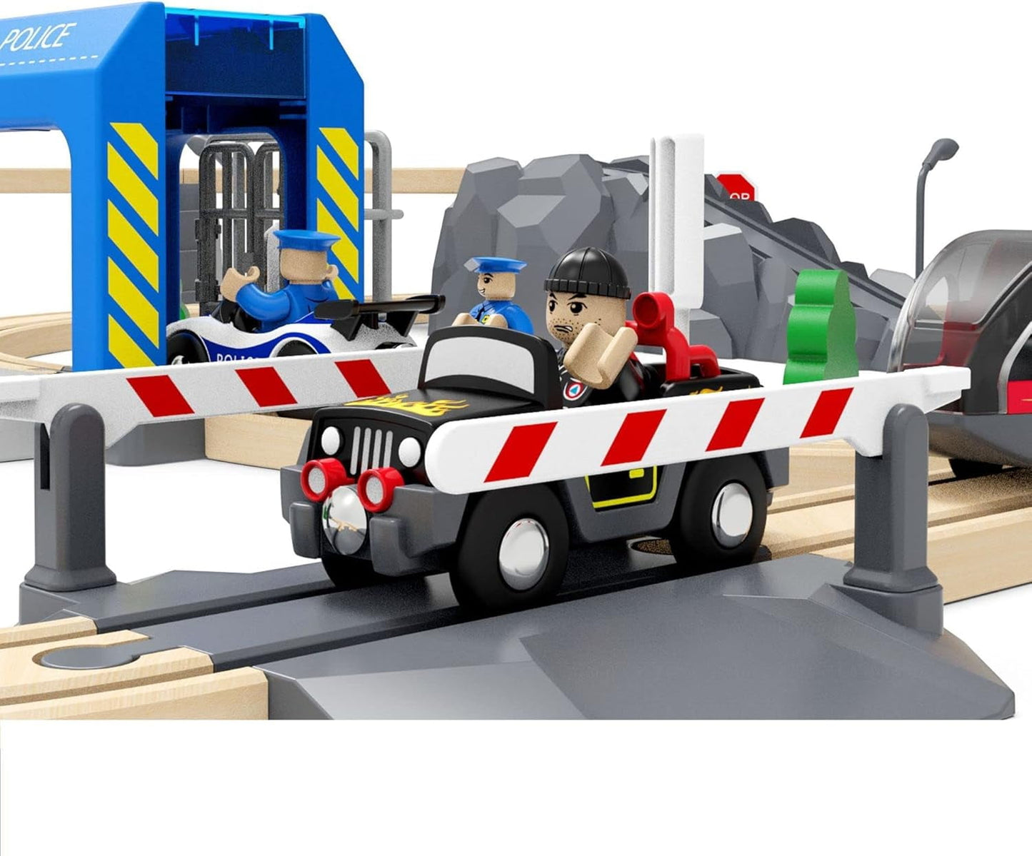 HYPERLIVING Accessories for Wooden Railway Tracks, Police Station, Compatible with All Railway Tracks, Expansion Pack for Children Aged 3 Years and Over