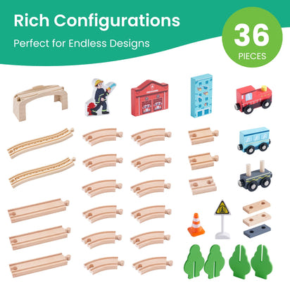 HELLOTINY Wooden Train Set for Toddlers, 36 Pcs with Wooden Tracks, Compatible with Major Brands, Train Toy for Kids Ages 3-5