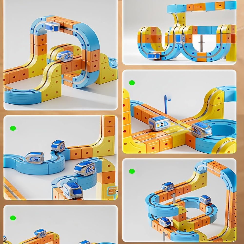 Electric Train Set Flexible Race Track, Flexible Magnetic Train Track with Electric Trains, Gravity-Defying Building Car Tracks for Adult, DIY Embedded Layouts Traffic Signs Gift(65set)