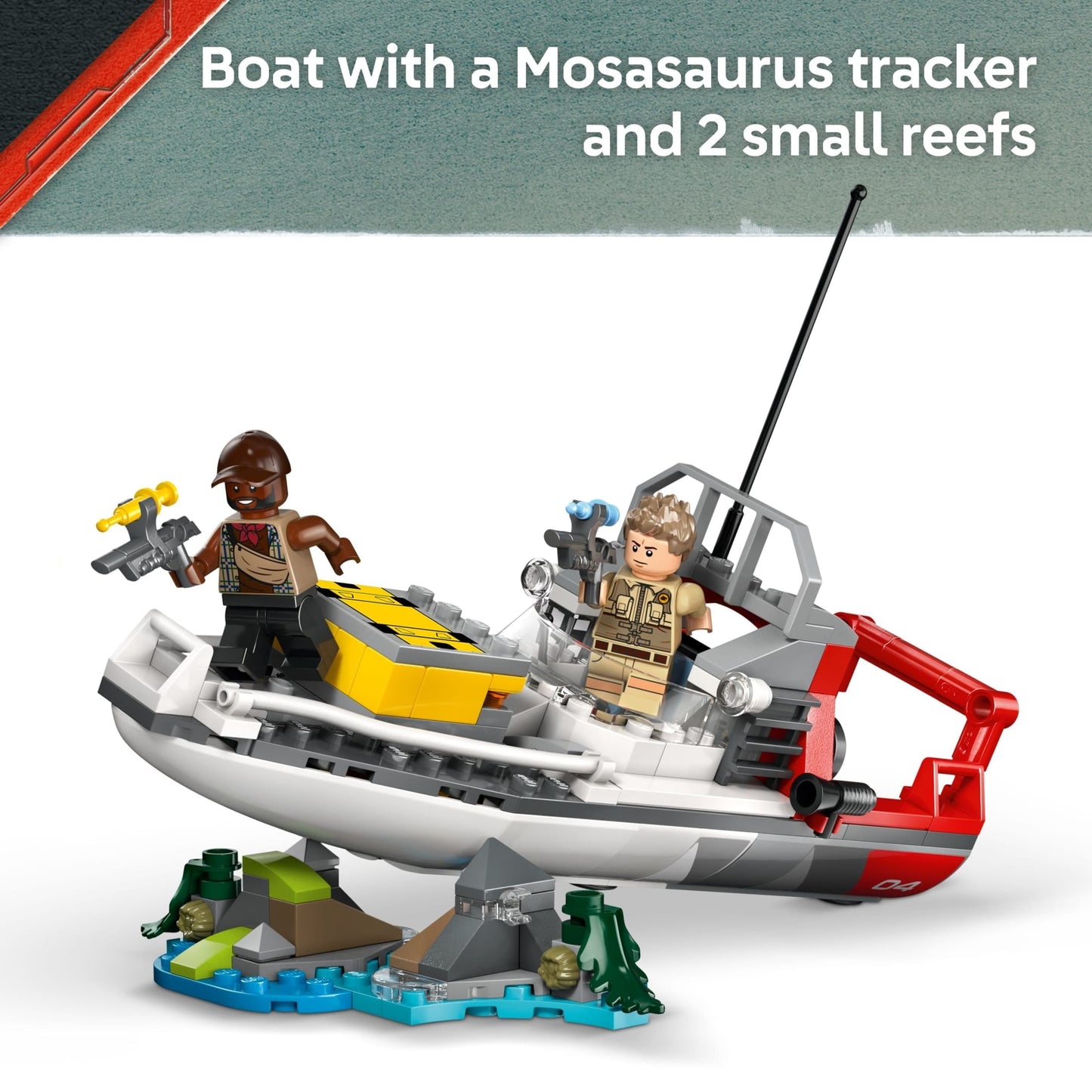 LEGO Jurassic World Brick-Built Mosasaurus Boat Mission Dinosaur Toy - Building Toy for Boys & Girls, Ages 9+ - Poseable Dinosaur plus LeClerc and Atwater Minifigures - Gift for Christmas - 76974