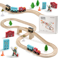 HELLOTINY Wooden Train Set for Toddlers, 36 Pcs with Wooden Tracks, Compatible with Major Brands, Train Toy for Kids Ages 3-5