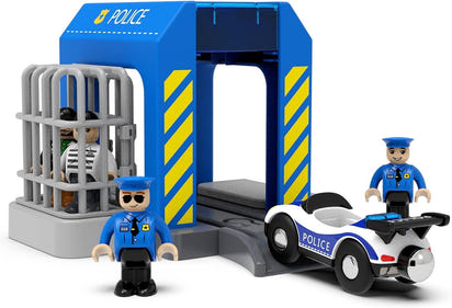 HYPERLIVING Accessories for Wooden Railway Tracks, Police Station, Compatible with All Railway Tracks, Expansion Pack for Children Aged 3 Years and Over