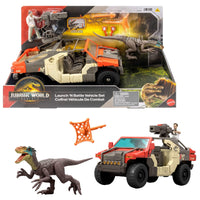 Jurassic World Rebirth Launch ‘N Battle Vehicle with 1 Human & 1 Raptor Figure, Turret & Projectiles