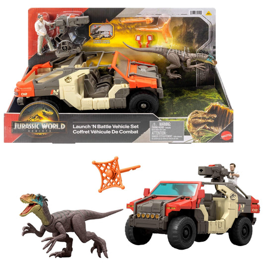 Jurassic World Rebirth Launch ‘N Battle Vehicle with 1 Human & 1 Raptor Figure, Turret & Projectiles