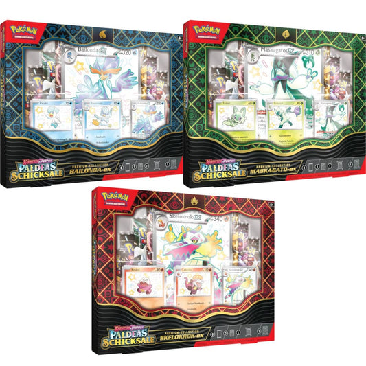 Pokemon <br> Paldeas Schicksale <br> Premium-Kollektion <br> Skelokrok ex / Bailonda ex / Maskagato ex <br> Case (6 Boxen)