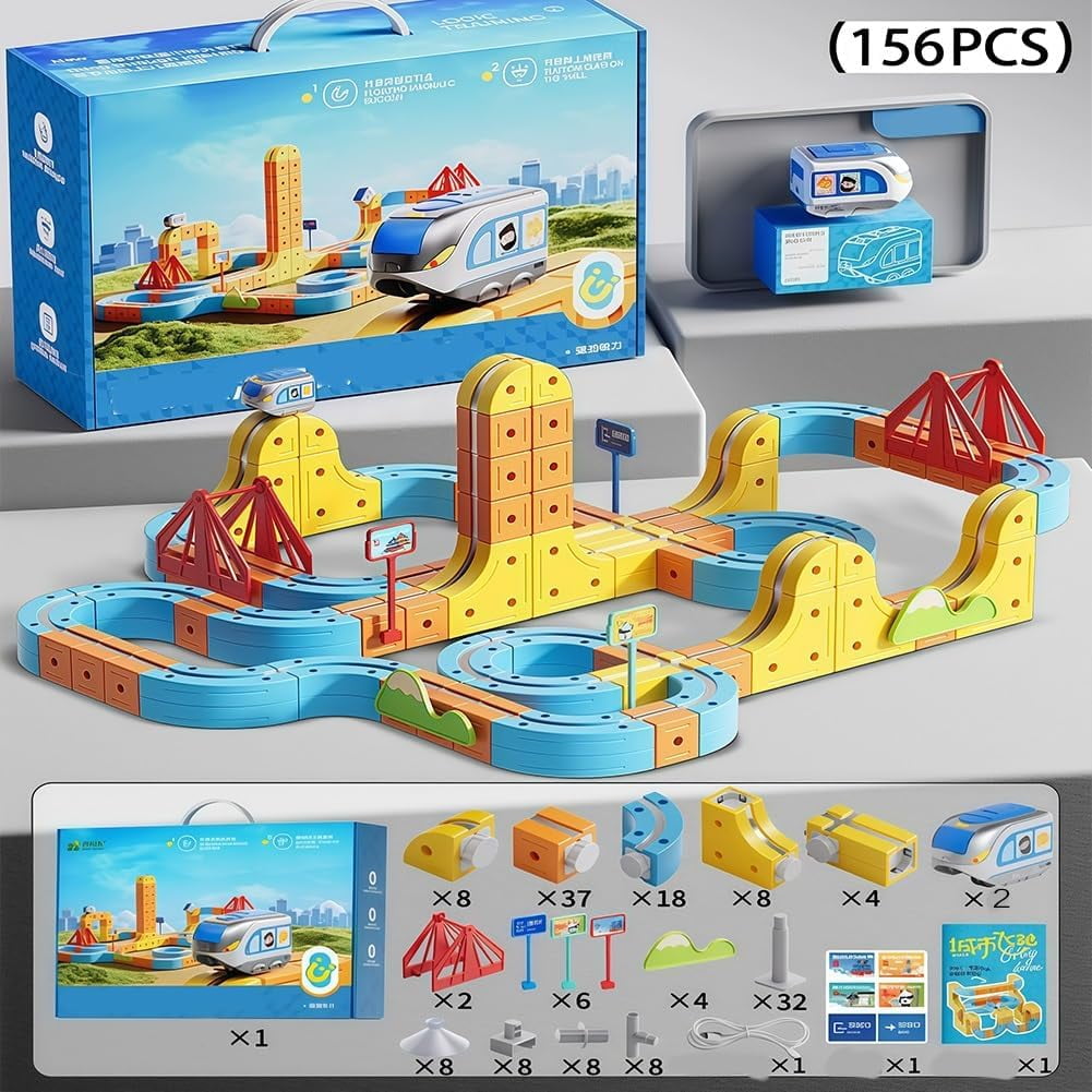 Electric Train Set Flexible Race Track, Flexible Magnetic Train Track with Electric Trains, Gravity-Defying Building Car Tracks for Adult, DIY Embedded Layouts Traffic Signs Gift(65set)