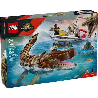 LEGO Jurassic World Brick-Built Mosasaurus Boat Mission Dinosaur Toy - Building Toy for Boys & Girls, Ages 9+ - Poseable Dinosaur plus LeClerc and Atwater Minifigures - Gift for Christmas - 76974