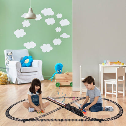 Train Set with Remote Control, AUOSHI Electric Train Track W/Cargo Vehicle, Light & Sounds, Plastic Steam Locomotive Engine Train Toy Educational Gift for 5 6 7 8+ Years Old Boys Girls