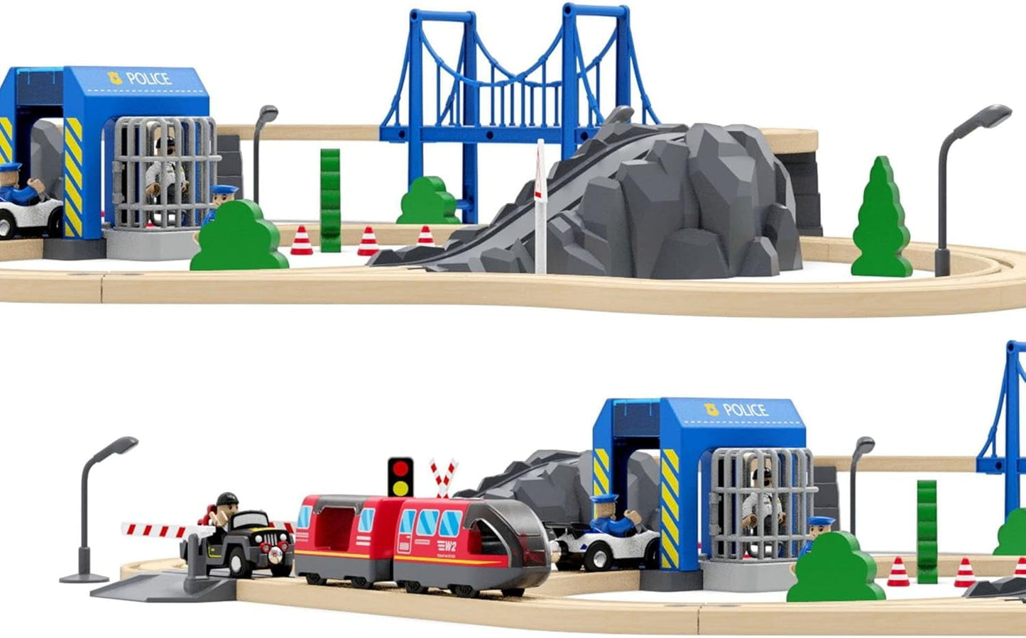 HYPERLIVING Accessories for Wooden Railway Tracks, Police Station, Compatible with All Railway Tracks, Expansion Pack for Children Aged 3 Years and Over