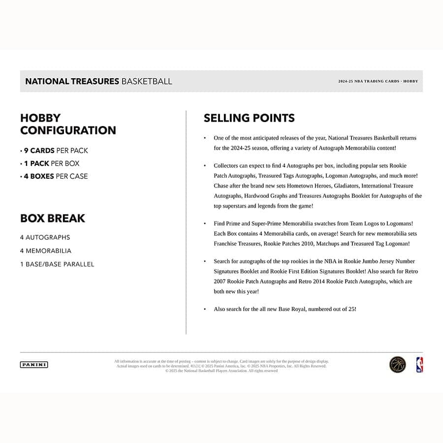 2024/25 Panini National Treasures Basketball NBA Hobby Box