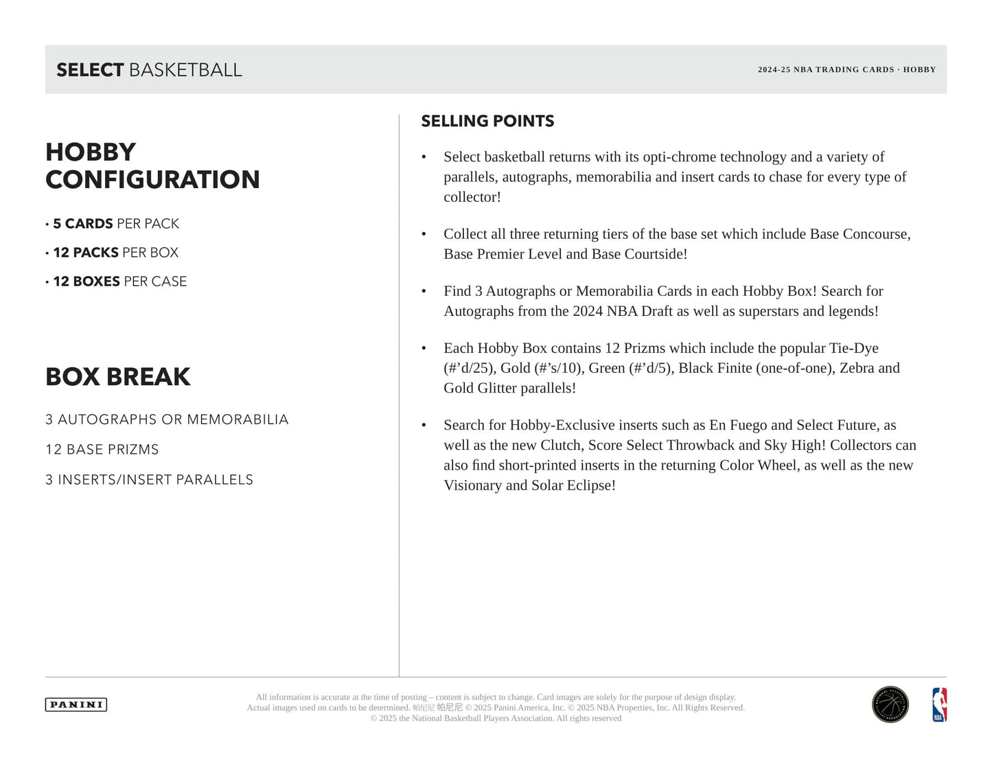 2024/25 Panini Select Basketball NBA Hobby Box