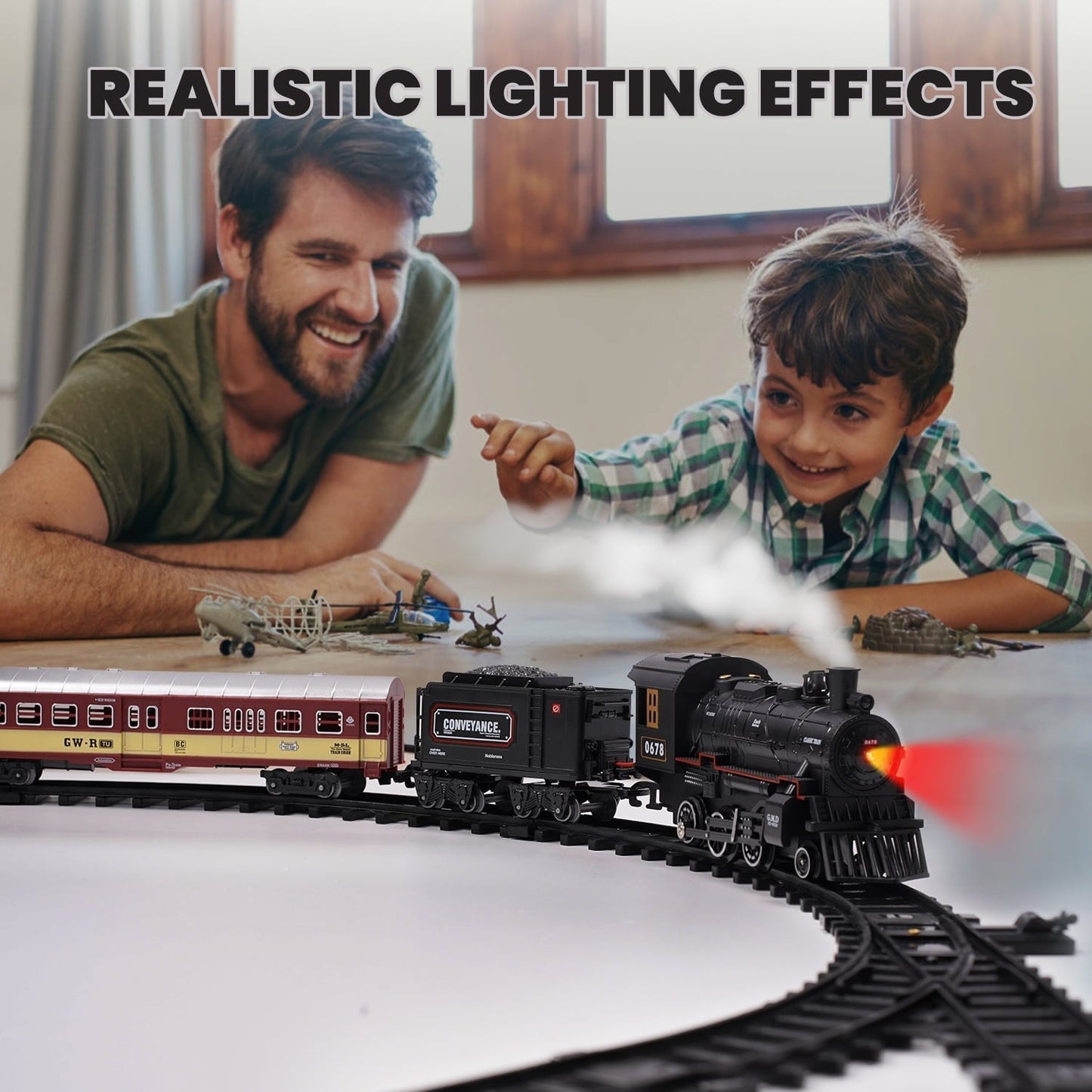 Train Set with Remote Control, AUOSHI Electric Train Track W/Cargo Vehicle, Light & Sounds, Plastic Steam Locomotive Engine Train Toy Educational Gift for 5 6 7 8+ Years Old Boys Girls