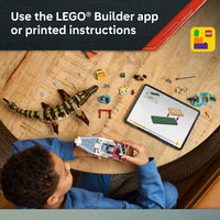 LEGO Jurassic World Brick-Built Mosasaurus Boat Mission Dinosaur Toy - Building Toy for Boys & Girls, Ages 9+ - Poseable Dinosaur plus LeClerc and Atwater Minifigures - Gift for Christmas - 76974