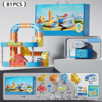 Electric Train Set Flexible Race Track, Flexible Magnetic Train Track with Electric Trains, Gravity-Defying Building Car Tracks for Adult, DIY Embedded Layouts Traffic Signs Gift(65set)