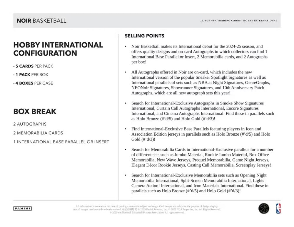 2024/25 Panini Noir Basketball International NBA Hobby Box